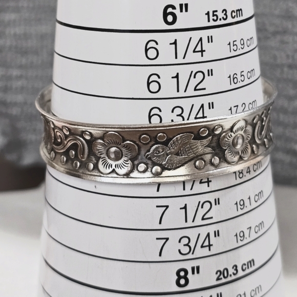 Floral Bird Cuff Bracelet Artisan-Created White Copper and Zinc Oxidized - Picture 8 of 11